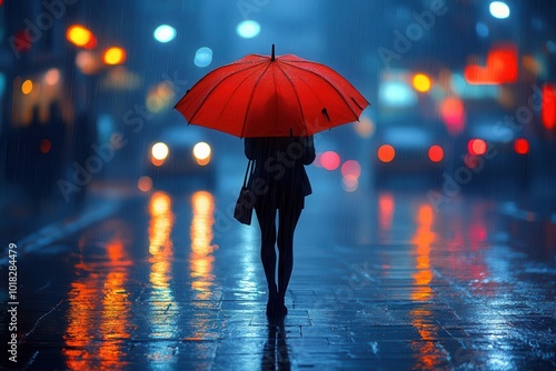 moody urban scene of a rainsoaked street a lone figure shelters under a vibrant red umbrella surrounded by blurred city lights reflecting off wet pavement photo