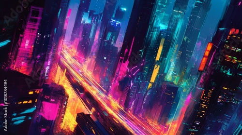 A Neon Cityscape with Vibrant Lights and Towers