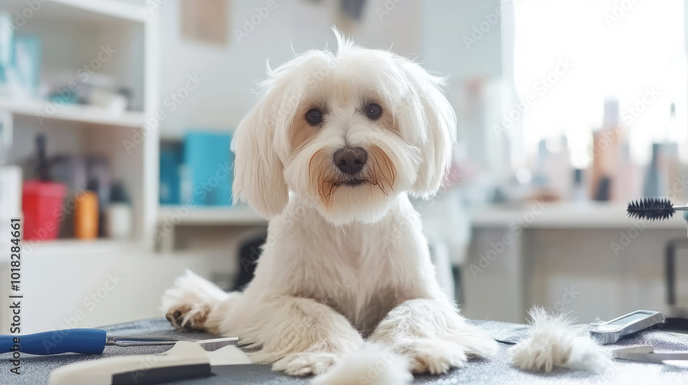 A professional pet groomer trimming the fur of a dog, surrounded by grooming tools, in a bright and cheerful pet grooming salon A professional pet groomer trimming the fur of a dog, surrounded by grooming tools, in a bright and cheerful pet grooming salon