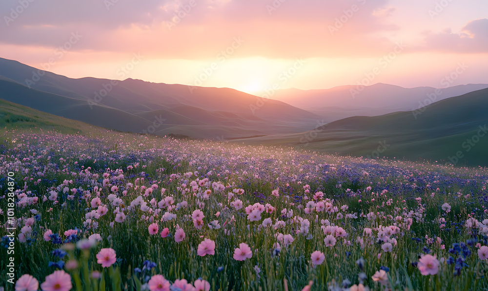 Obraz premium Dreamlike Landscapes and Mystical Gardens with Vibrant Flowers and Glowing Nature