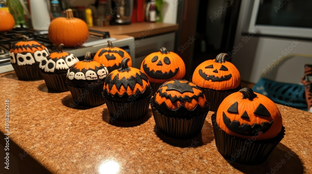 Homemade pumpkin cakes fresh from the oven, featuring spooky Halloween designs, resting on a kitchen counter Homemade pumpkin cakes fresh from the oven, featuring spooky Halloween designs, resting on a kitchen counter