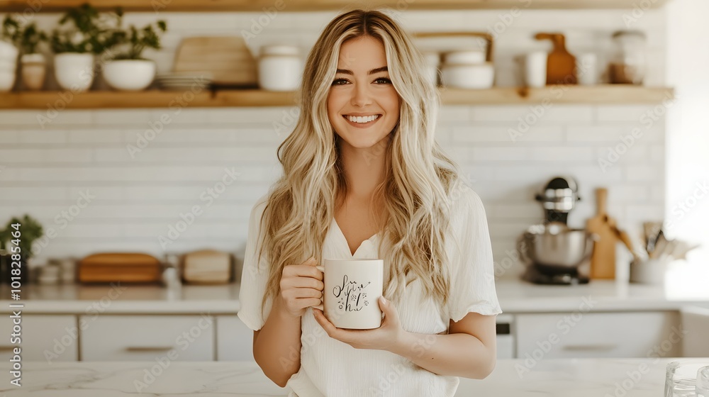 29. A model holding a personalized mug in a bright kitchen 29. A model holding a personalized mug in a bright kitchen