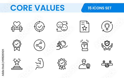 Core Values outline icons set. Core, values, business, leadership, goals, target, client, quality, success, responsibility and quality.