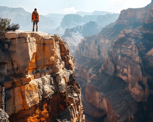 Hiker Stands on the Edge of a Dramatic Canyon Gorge Awed by Nature s Grandeur photo