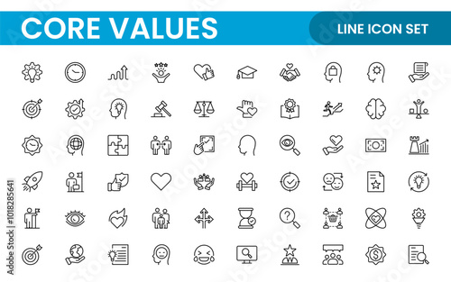 Core Values outline icons set. Core, values, business, leadership, goals, target, client, quality, success, responsibility and quality.