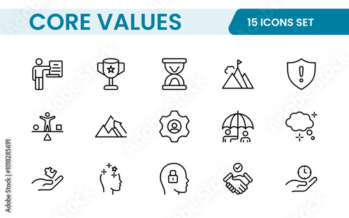 Core Values outline icons set. Core, values, business, leadership, goals, target, client, quality, success, responsibility and quality.