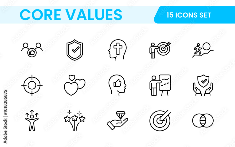 Core Values outline icons set. Core, values, business, leadership, goals, target, client, quality, success, responsibility and quality. Core Values outline icons set. Core, values, business, leadership, goals, target, client, quality, success, responsibility and quality.