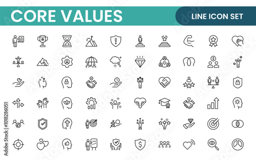 Core Values outline icons set. Core, values, business, leadership, goals, target, client, quality, success, responsibility and quality.