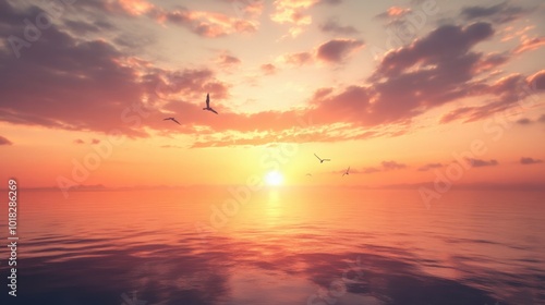 A serene sunset over a calm body of water, with birds flying in the distance under a softly lit cloudy sky, exuding peace.