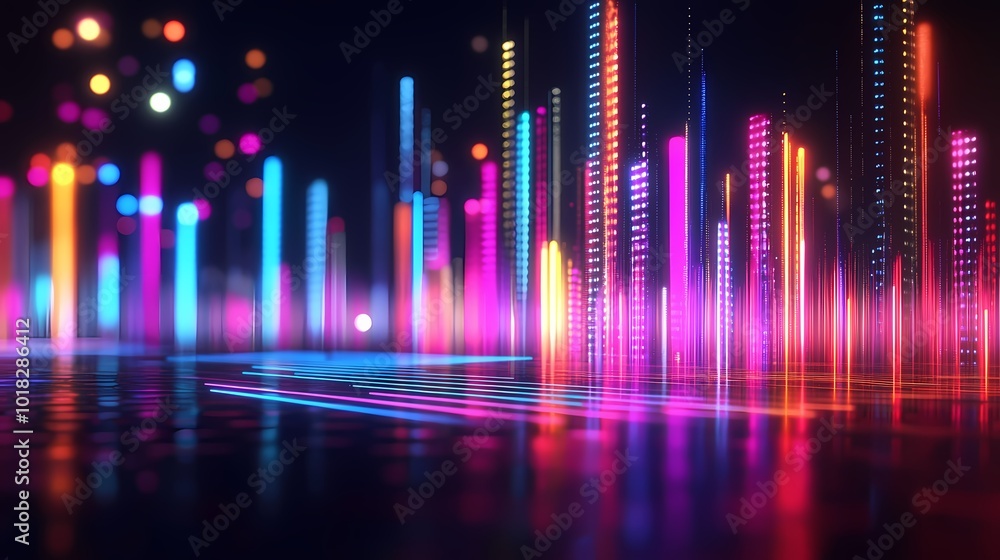 An Abstract Visualization of Sound Waves with Neon Colors Illuminating a Digital Landscape of Dynamic Patterns and Creativity. An Abstract Visualization of Sound Waves with Neon Colors Illuminating a Digital Landscape of Dynamic Patterns and Creativity.
