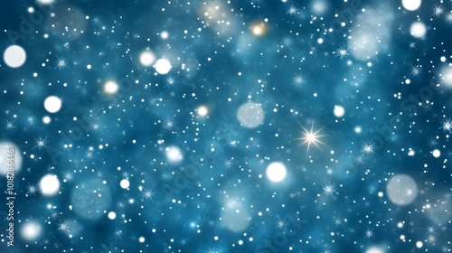 Blue Winter Background with Falling Snow and Bokeh Lights