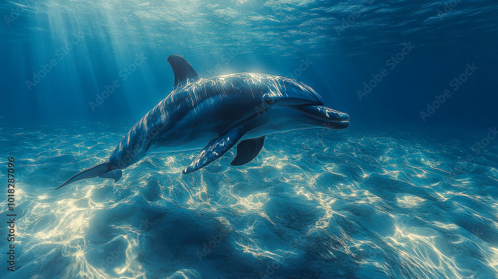 Fototapeta premium A dolphin gracefully gliding through clear blue water with sunbeams filtering down