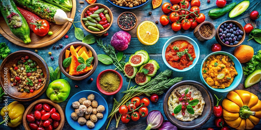 A vibrant tableau of fresh ingredients and prepared dishes, showcasing the colors and textures of a healthy and delicious culinary adventure A vibrant tableau of fresh ingredients and prepared dishes, showcasing the colors and textures of a healthy and delicious culinary adventure