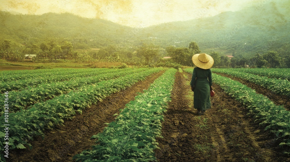 Fototapeta premium A woman in a straw hat walks through a field of green crops in a rural setting.
