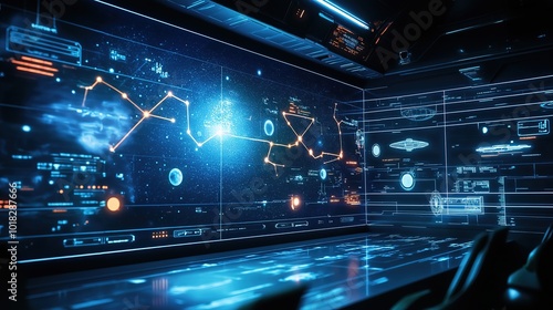 holographic projection of a star map with planets and glowing navigation lines in a futuristic space command center
