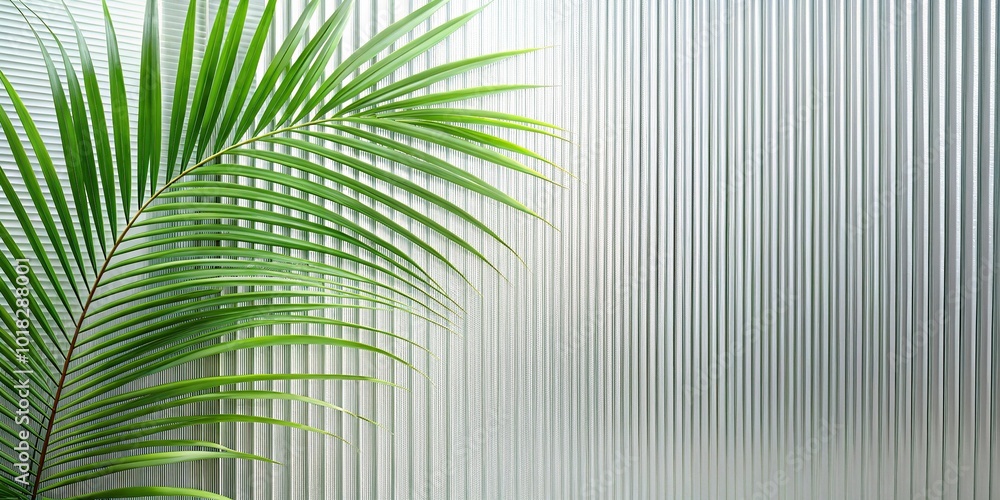 Fototapeta premium Modern premium frosted glass texture with abstract design and green palm reflection