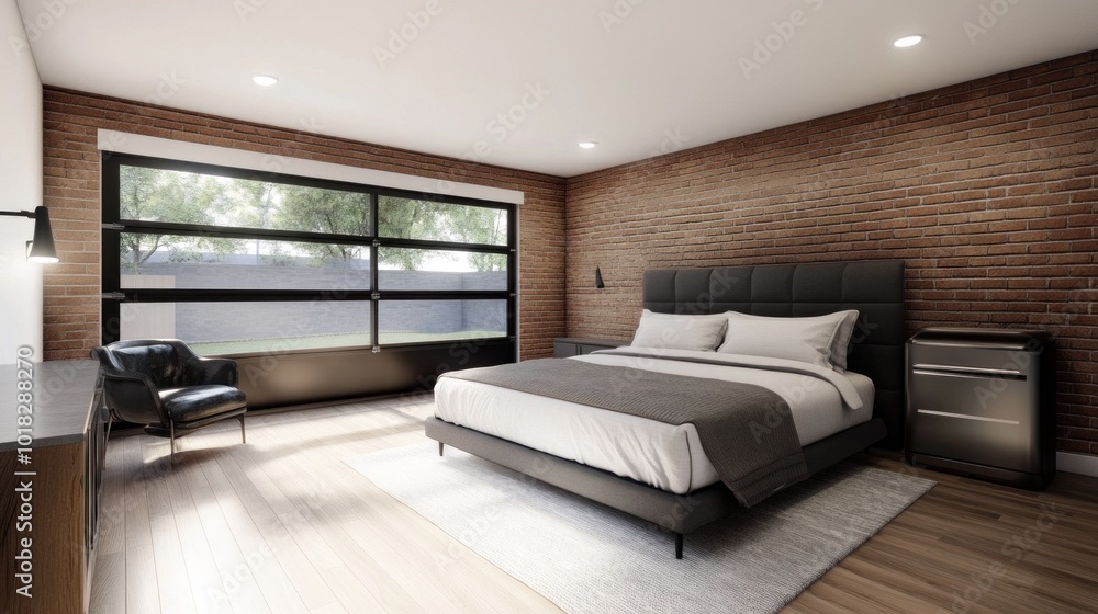 Fototapeta premium Modern Bedroom Design with Industrial Brick Accents and Natural Light