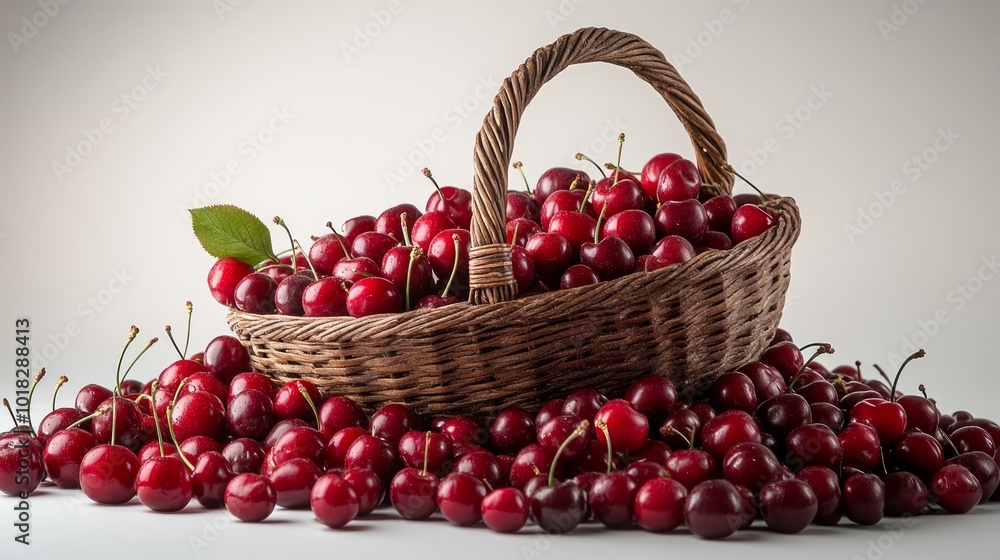 A wicker basket overflowing with ripe red cherries, spilling onto a white surface. A wicker basket overflowing with ripe red cherries, spilling onto a white surface.