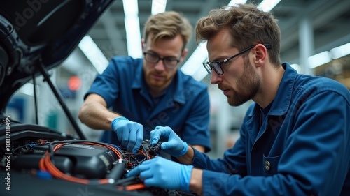 Engineers conduct precise diagnostics on electric car wiring in a high-tech, organized workspace, showcasing advanced technology and design.