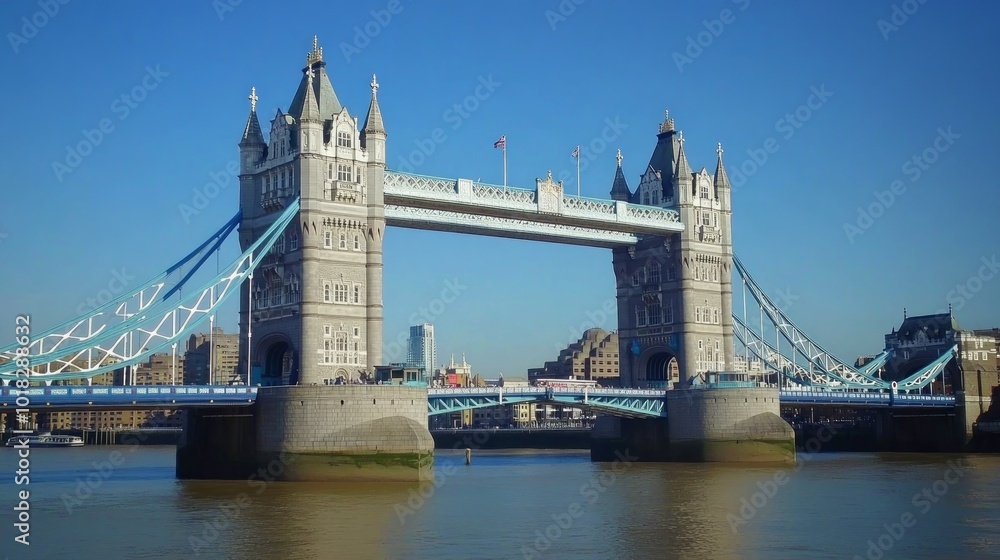 Fototapeta premium A wide shot of Tower Bridge in London, England. The bridge is a famous landmark and is known for its unique design. 