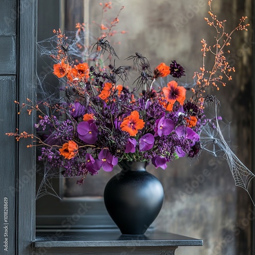 A spooky vase filled with Halloween-themed flowers, featuring dark blooms, pumpkins, and cobweb accents, perfect for eerie seasonal decor photo