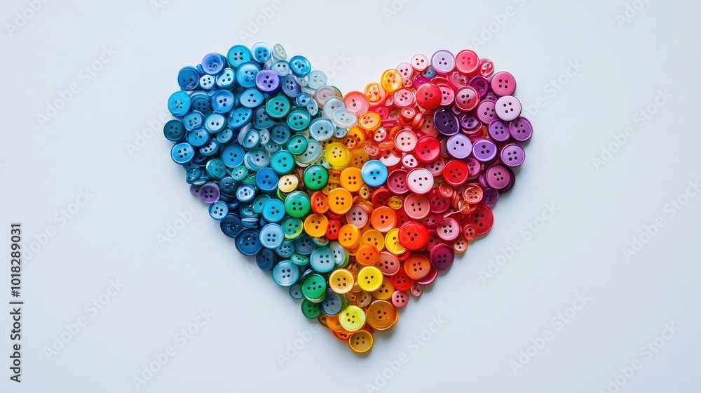 Multicolored tiny buttons arranged into a heart shape on a white surface, highlighting their playful tones. Multicolored tiny buttons arranged into a heart shape on a white surface, highlighting their playful tones.