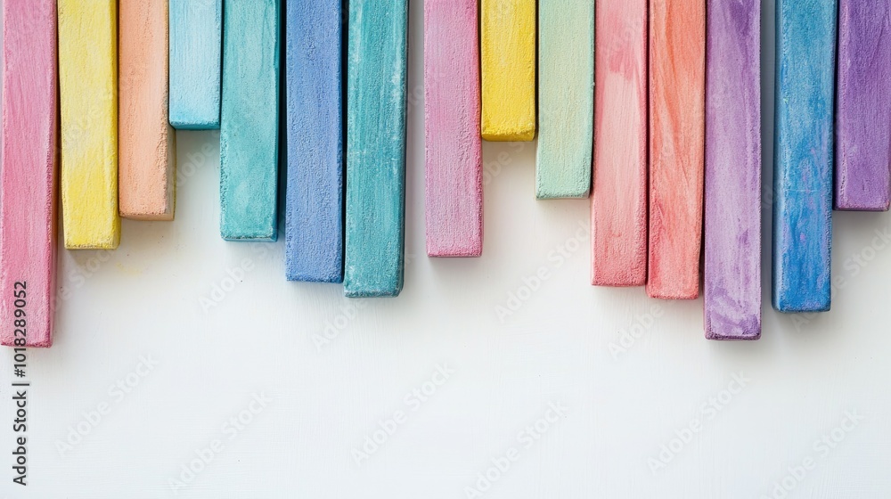 Naklejka premium Multicolored chalk sticks spread out on a clean white background, with soft hues and vibrant tones, perfect for creative projects