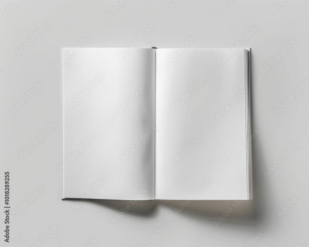 An open, blank magazine, top view, white background, soft lighting, minimalist style, empty space on the left and right sides of each page. An open, blank magazine, top view, white background, soft lighting, minimalist style, empty space on the left and right sides of each page.