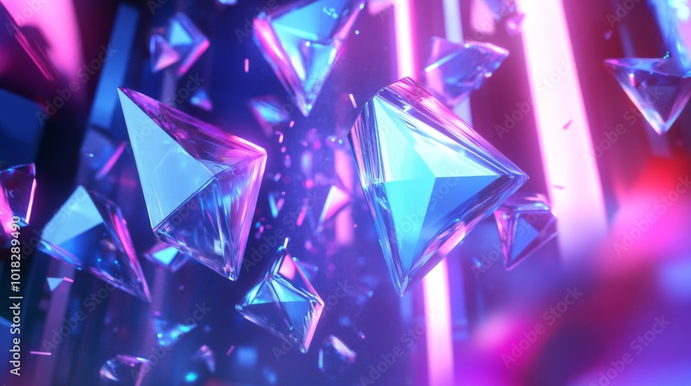 Floating Blue Crystal Pyramids Against a Pink and Purple Neon Background Floating Blue Crystal Pyramids Against a Pink and Purple Neon Background