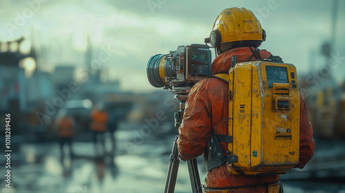 Engineer in protective gear uses a total station for land surveying on a construction site