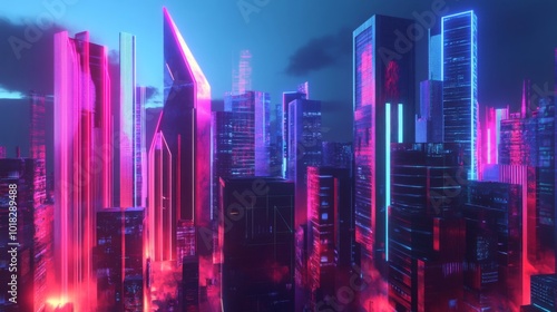 Futuristic cityscape with neon lights and skyscrapers