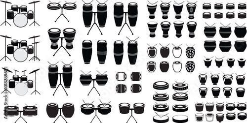 Drums silhouette vector arts illustration. Black electric and acoustic, bass, Cartoon music instrument, rock, jazz drums, Tambourine silhouette, music band drums set of Black colors vector icons.