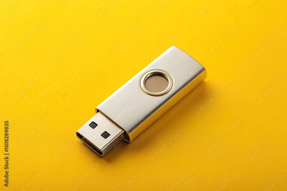 Modern USB flash drive on yellow background with fisheye effect Modern USB flash drive on yellow background with fisheye effect