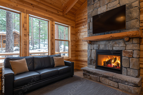 Cozy fireplace in a charming cabin in the woods, the warmth and flickering flames creating a serene space for relaxation