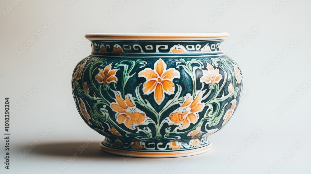 Ornate Chinese flowerpot with an intricate design, shot in an elegant, minimalistic setting. Ornate Chinese flowerpot with an intricate design, shot in an elegant, minimalistic setting.