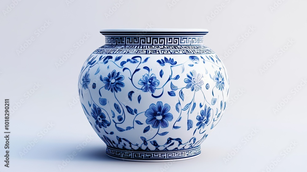 Ornate Chinese-style flowerpot with intricate blue and white patterns on a clean backdrop. Ornate Chinese-style flowerpot with intricate blue and white patterns on a clean backdrop.