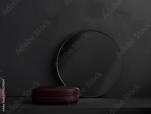 Minimalist black background, small round mirror, maroon case, left side, dark grey backdrop, high-res, sharp focus photo