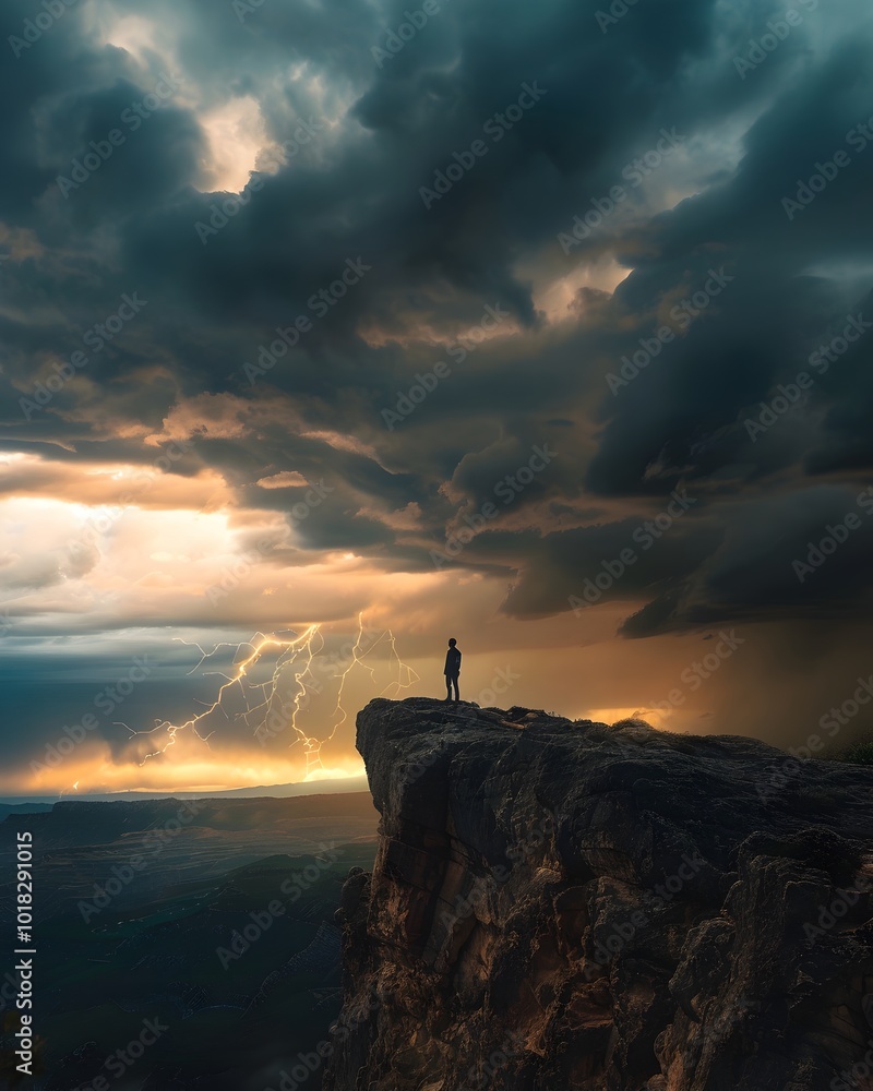 Hiker Witnessing the Majesty of a Thunderstorm on a Remote Cliff Overlooking the Horizon Hiker Witnessing the Majesty of a Thunderstorm on a Remote Cliff Overlooking the Horizon