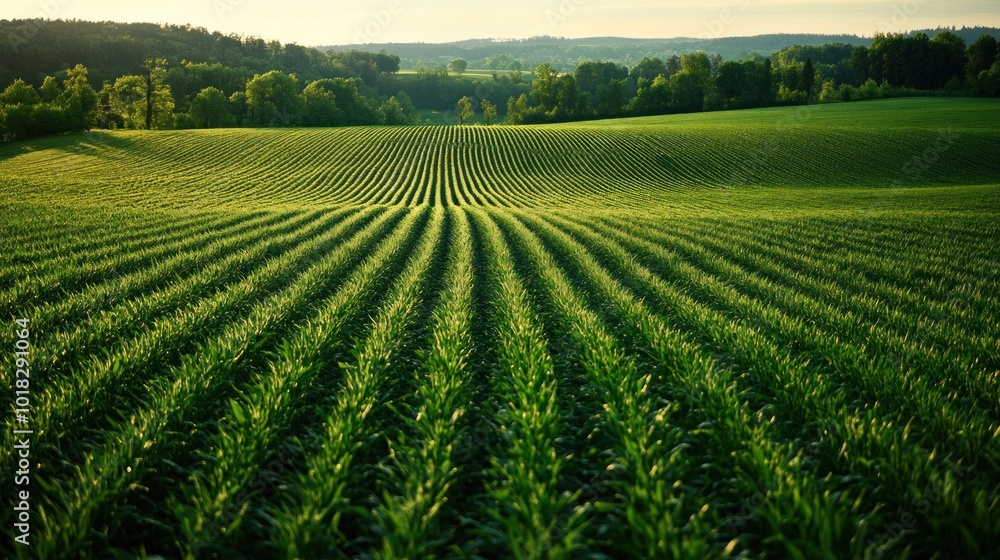 A vast field of corn plants grows in neat rows, bathed in the golden light of the setting sun. The rows of green corn plants stretch towards the horizon, creating a sense of vastness and perspective. A vast field of corn plants grows in neat rows, bathed in the golden light of the setting sun. The rows of green corn plants stretch towards the horizon, creating a sense of vastness and perspective.