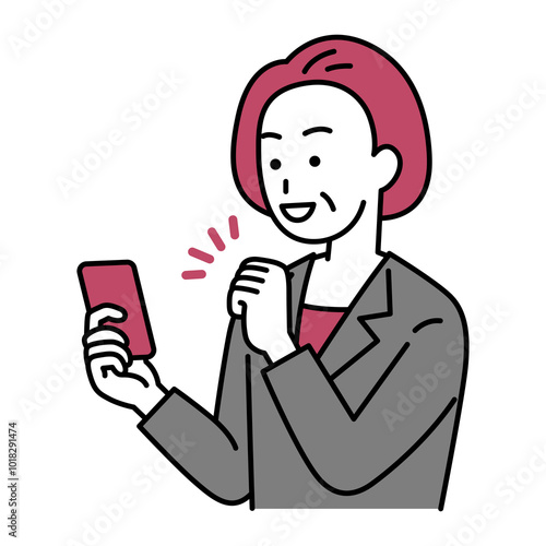 スマートフォンの画面を見ながらガッツポーズをする中年のスーツの女性