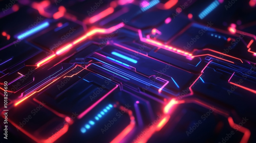 Abstract Futuristic Circuit Board with Glowing Red and Blue Lines Abstract Futuristic Circuit Board with Glowing Red and Blue Lines
