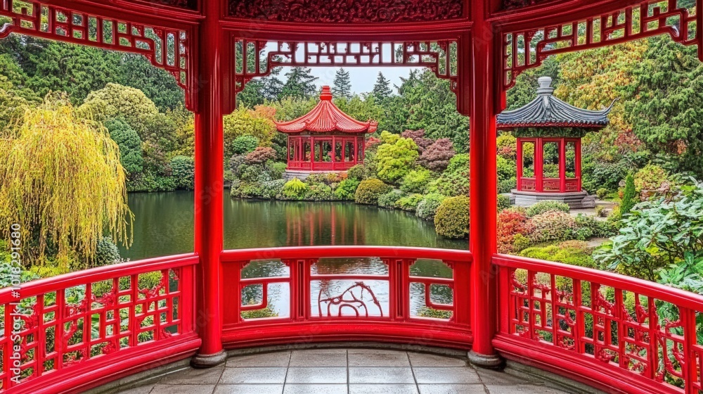 View from a traditional red Chinese gazebo looking out over a pond and other gazebos in a lush garden setting. View from a traditional red Chinese gazebo looking out over a pond and other gazebos in a lush garden setting.
