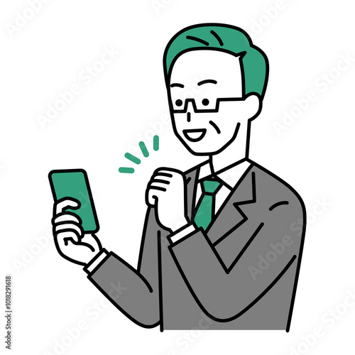スマートフォンの画面を見ながらガッツポーズをする中年のスーツの男性