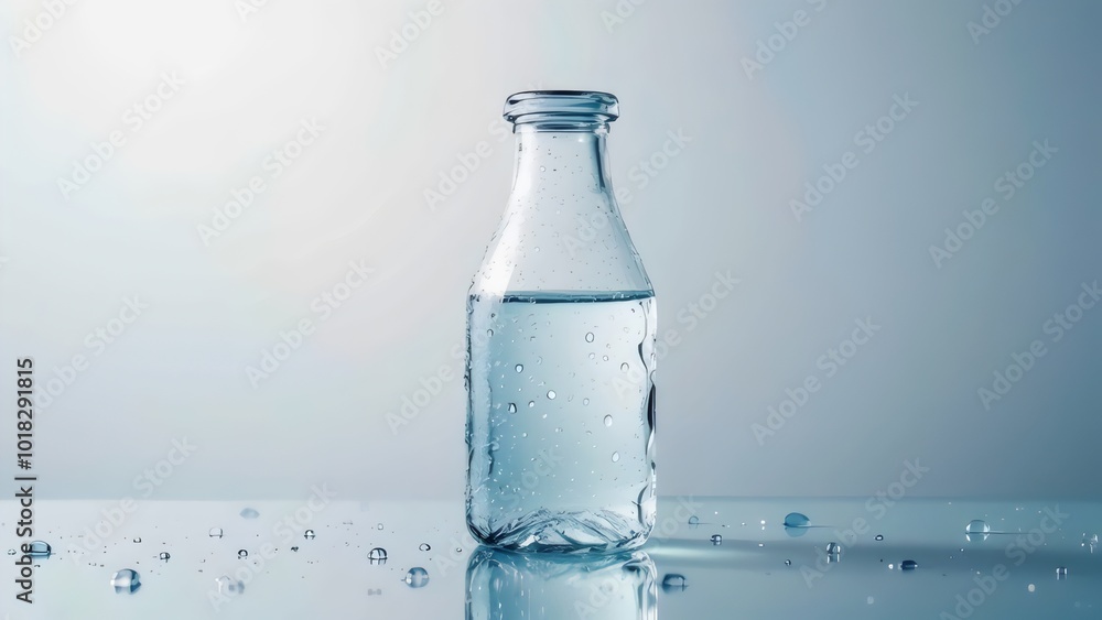 Glass Bottle with Water Droplets on Plain Background for Clean Modern Designs Glass Bottle with Water Droplets on Plain Background for Clean Modern Designs