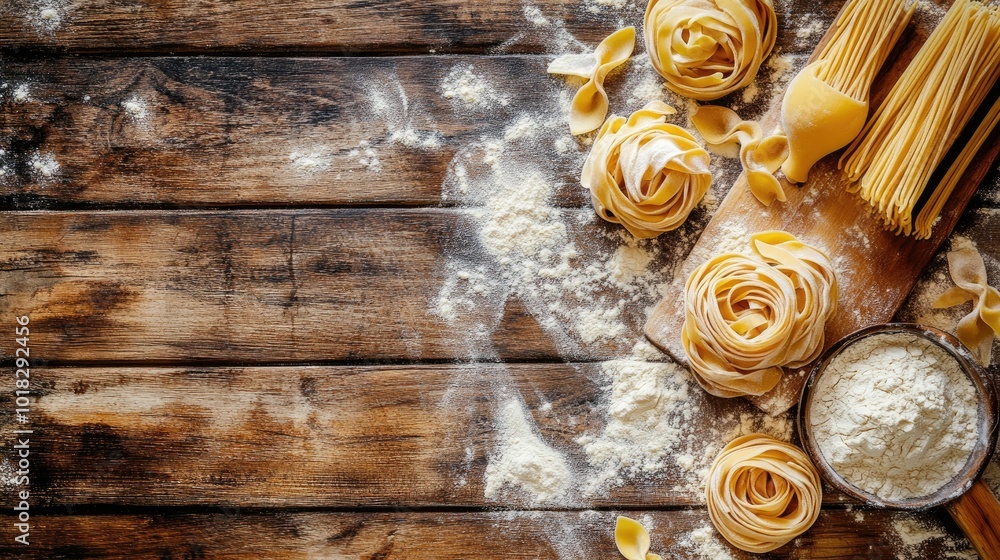 Overhead view of homemade Italian pasta with flour scattered on a wooden table, creating a rustic cookery background Overhead view of homemade Italian pasta with flour scattered on a wooden table, creating a rustic cookery background