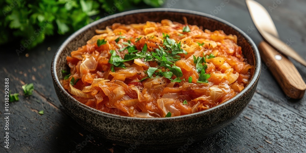 Stewed or braised cabbage served in a bowl on background Stewed or braised cabbage served in a bowl on background