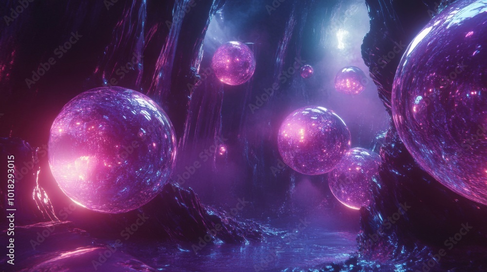 Glowing orbs in a dark and cavernous space Glowing orbs in a dark and cavernous space