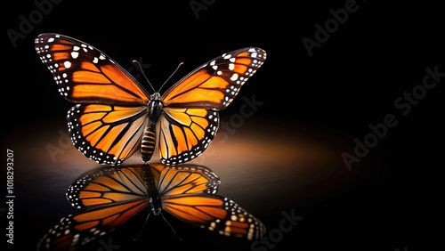 Monarch butterfly isolated on black background with leading lines