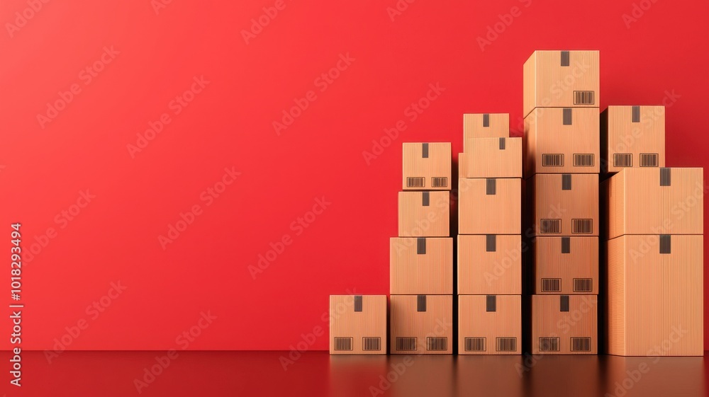 Stacked cardboard boxes on a red background, ideal for logistics and shipping concepts. Stacked cardboard boxes on a red background, ideal for logistics and shipping concepts.