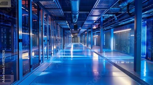 Sprawling High Tech Data Center with Rows of Servers and Glowing Blue Lighting Symbolizing the Backbone of the Digital Industry